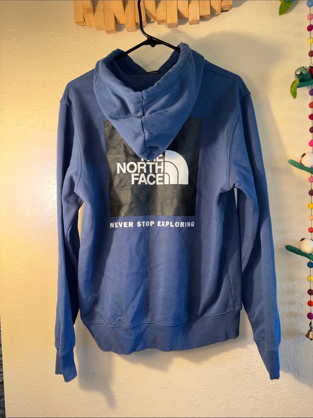 EUC The North Face Box NSE Pullover Hoodie featuring a large box logo on the bac